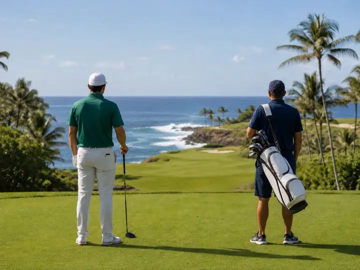 A golfer and his caddy standing on an oceanfront tee, looking out over the Pacific.