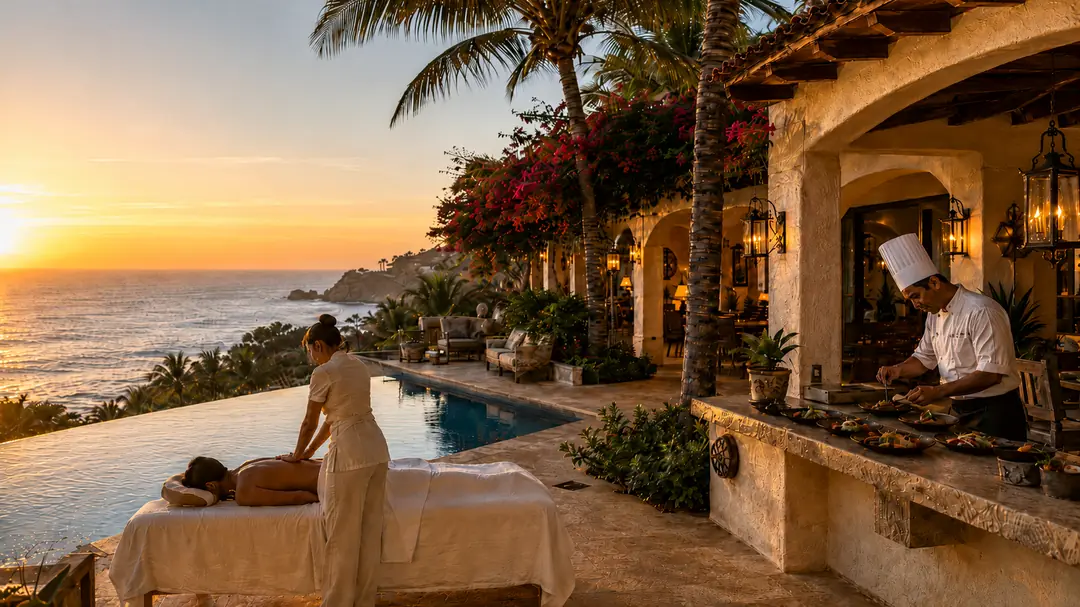An oceanfront villa terrace at sunset: a massage in progress beside the infinity pool and a private chef plating dishes under the arches.