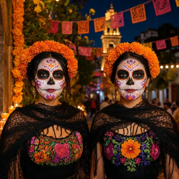 Two women in calavera face paint and marigold crowns on a street strung with papel picado.